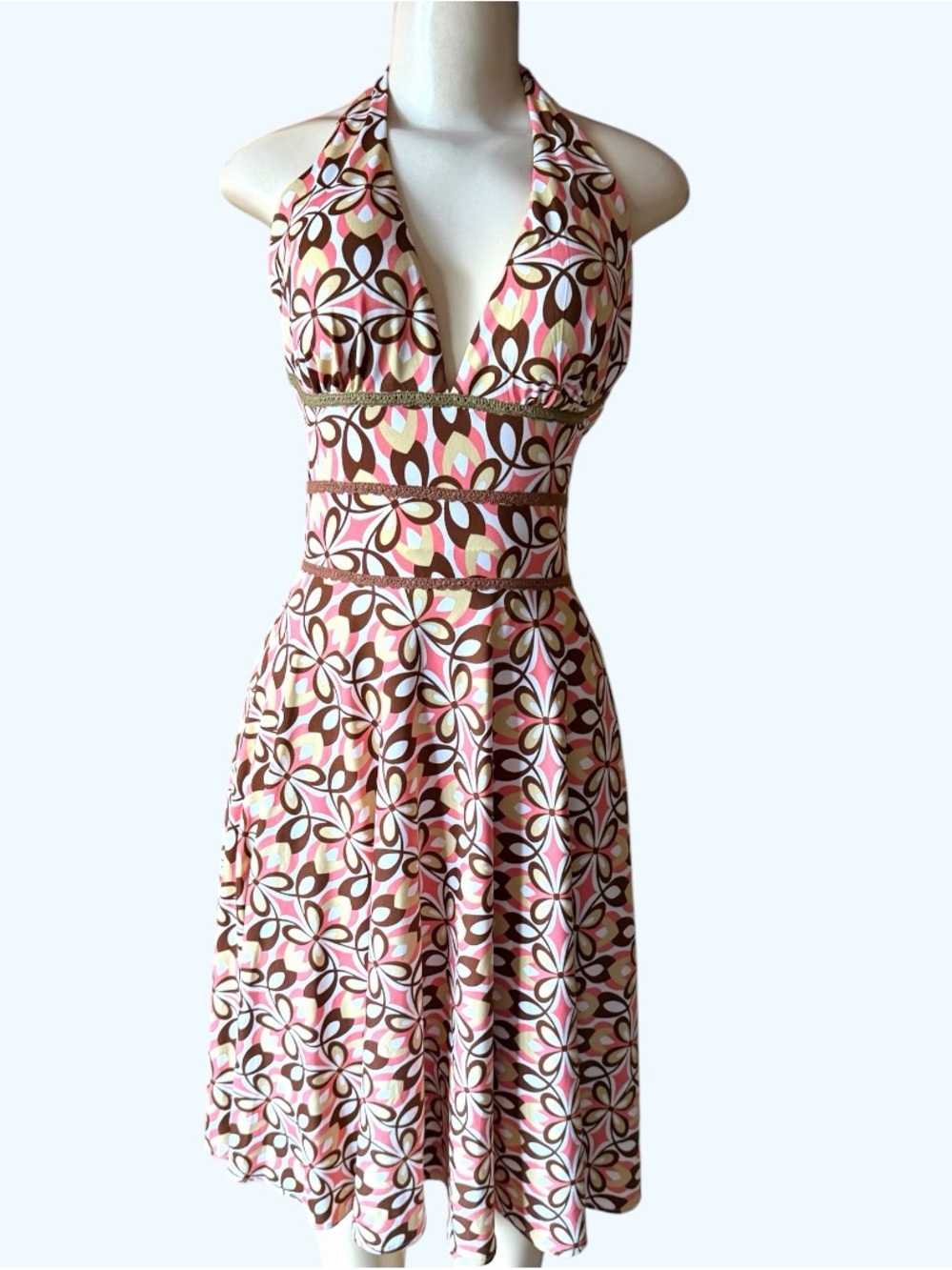 Vintage Alyn Paige Brown yellow funky Halter dress lace babydoll deadstock